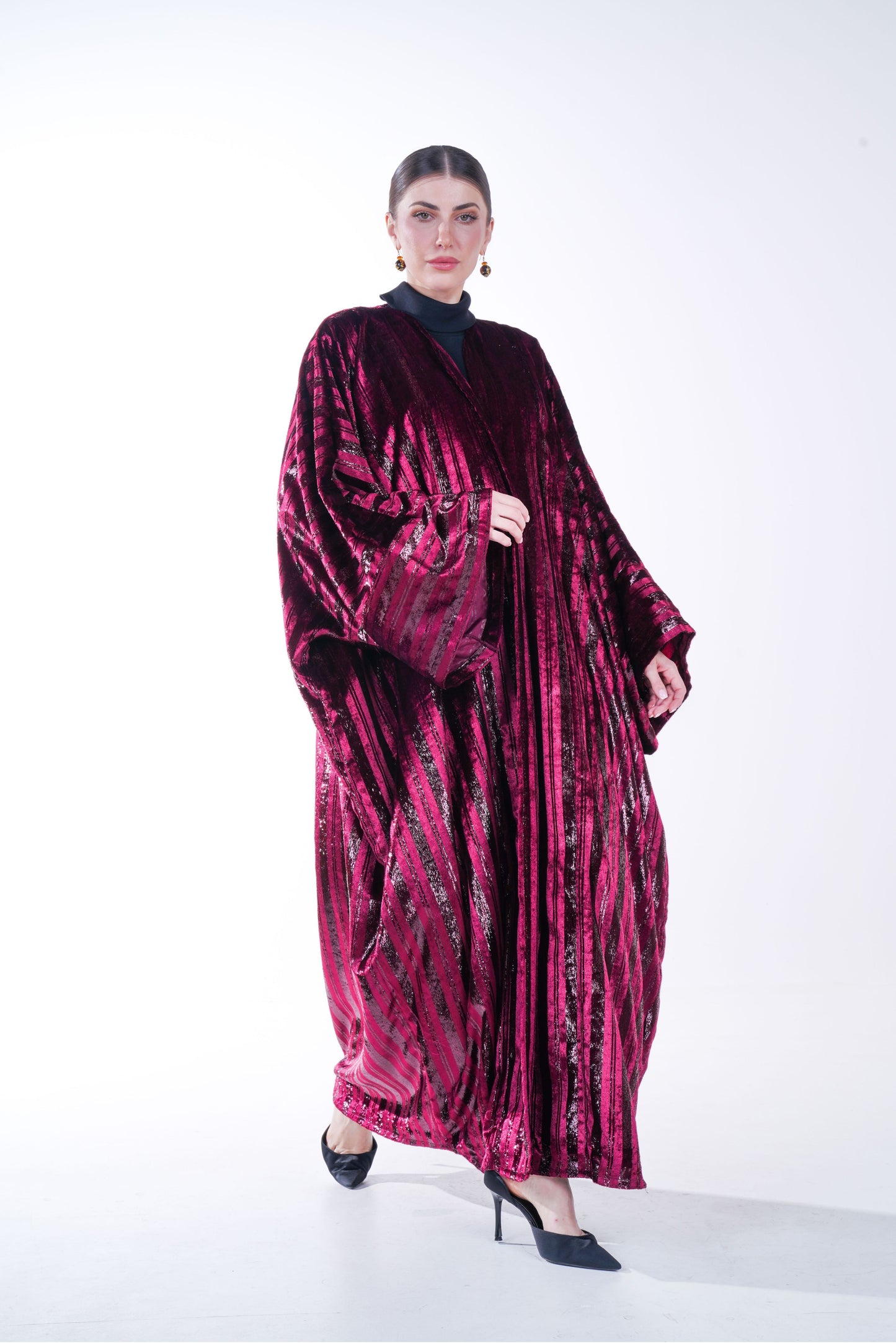 Shimmering Striped Velvet Batwing Abaya