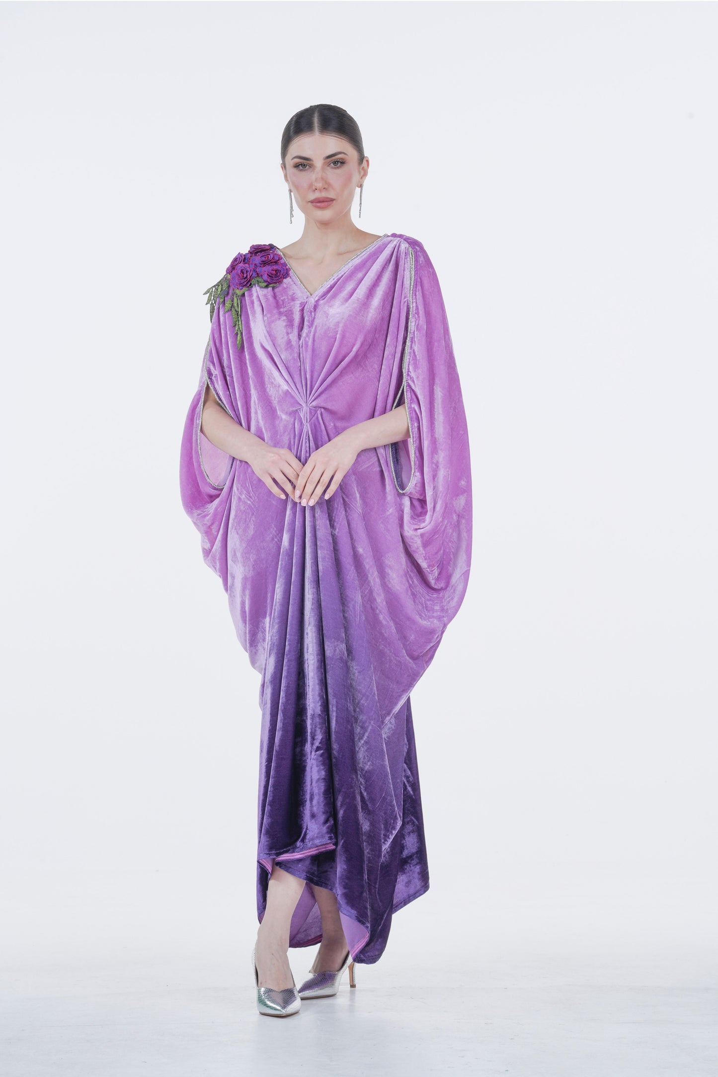 Gradient Lavender Velvet Jalabiya with Floral Appliqué