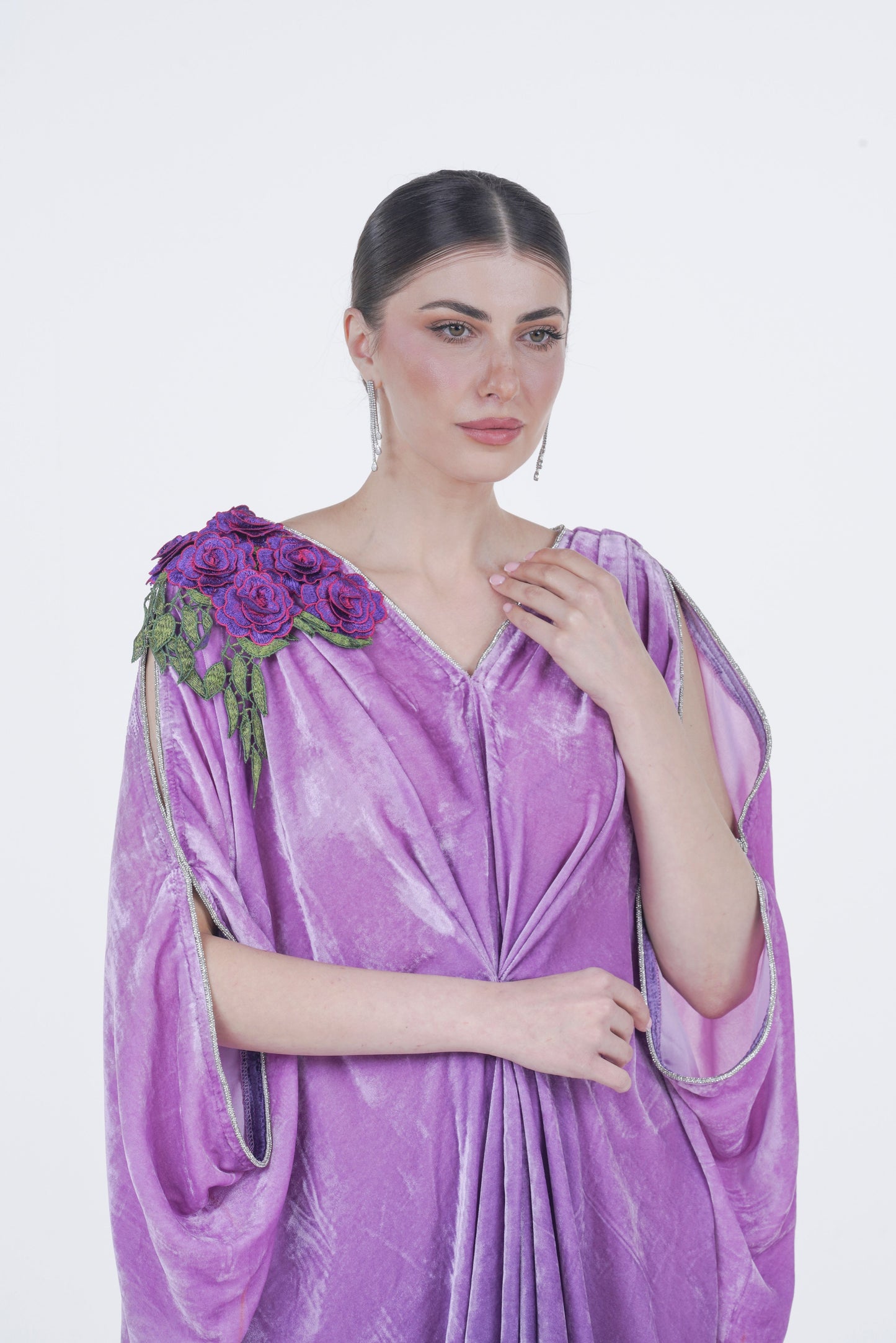 Gradient Lavender Velvet Jalabiya with Floral Appliqué