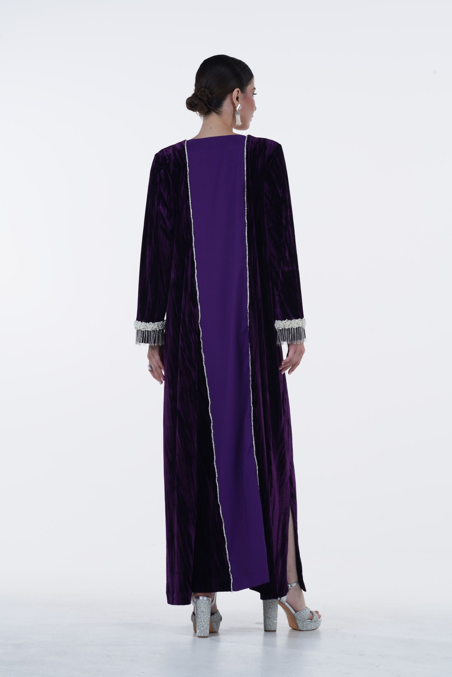 Crepe and Velvet Jalabiya with Pearl and Crystal Details