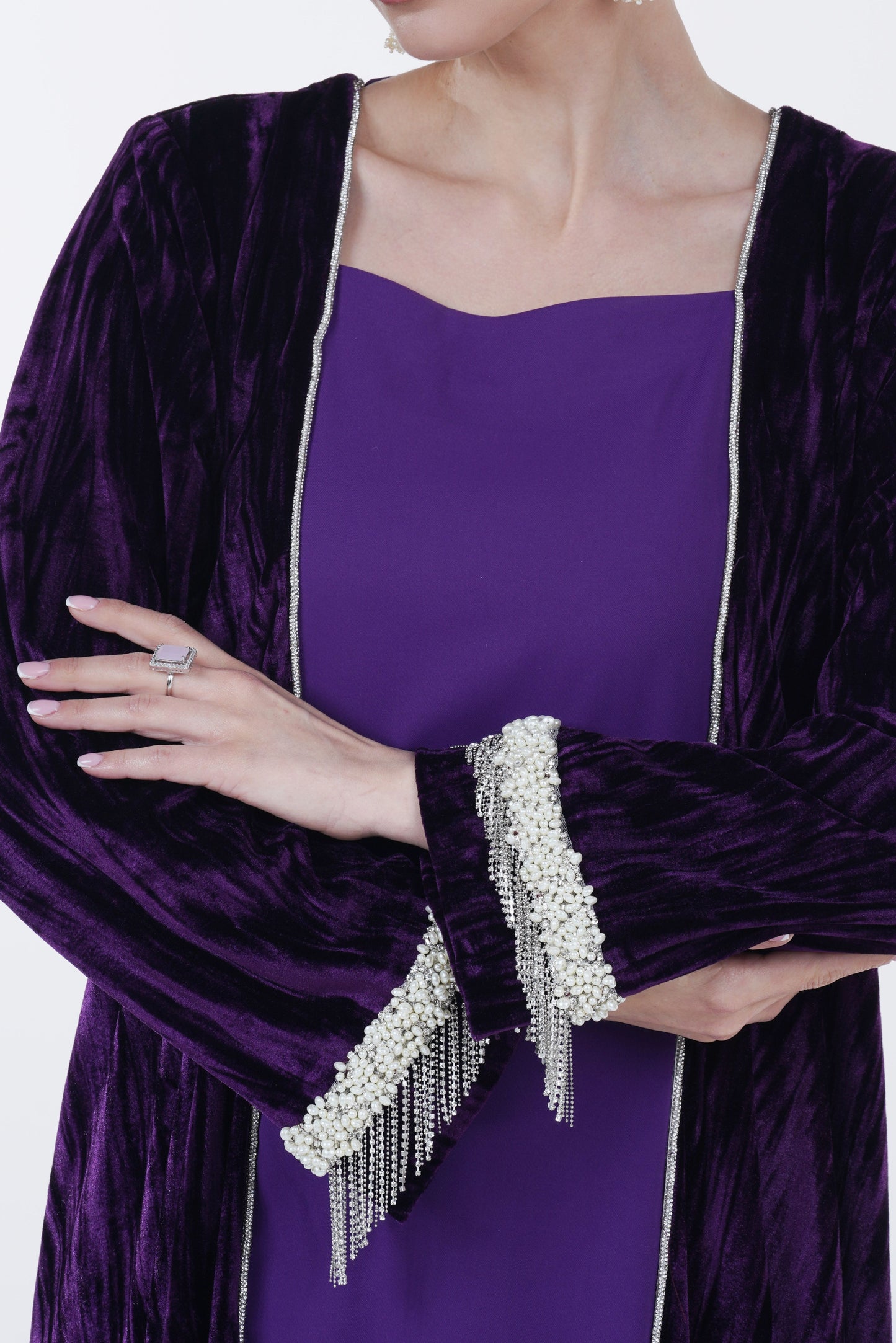 Crepe and Velvet Jalabiya with Pearl and Crystal Details