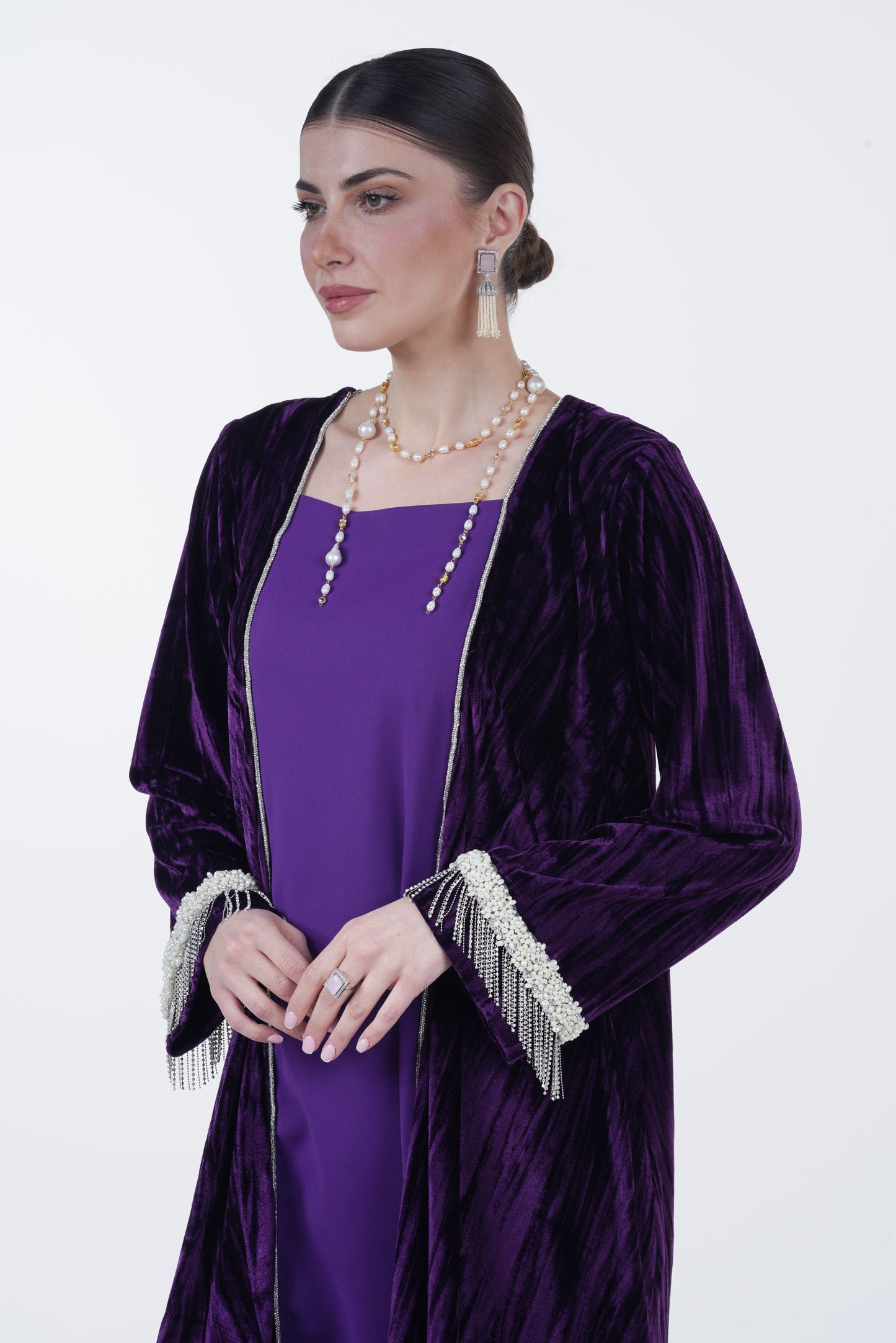 Crepe and Velvet Jalabiya with Pearl and Crystal Details