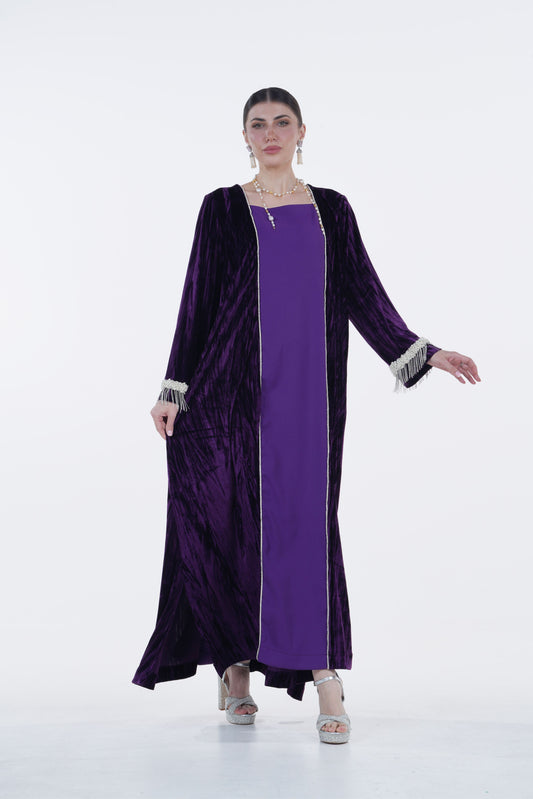 Crepe and Velvet Jalabiya with Pearl and Crystal Details