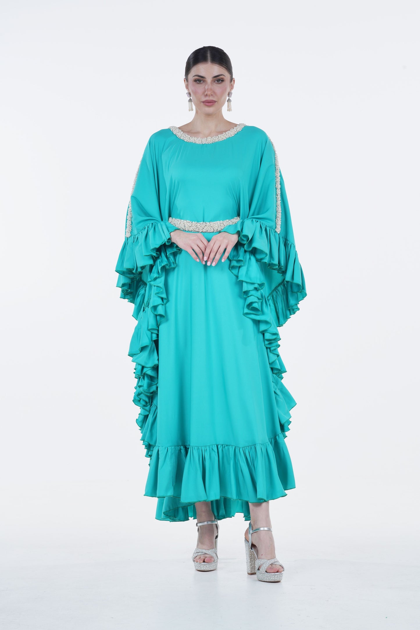 Ruffled Silk Organza Summer Jalabiya with Pearl Accents