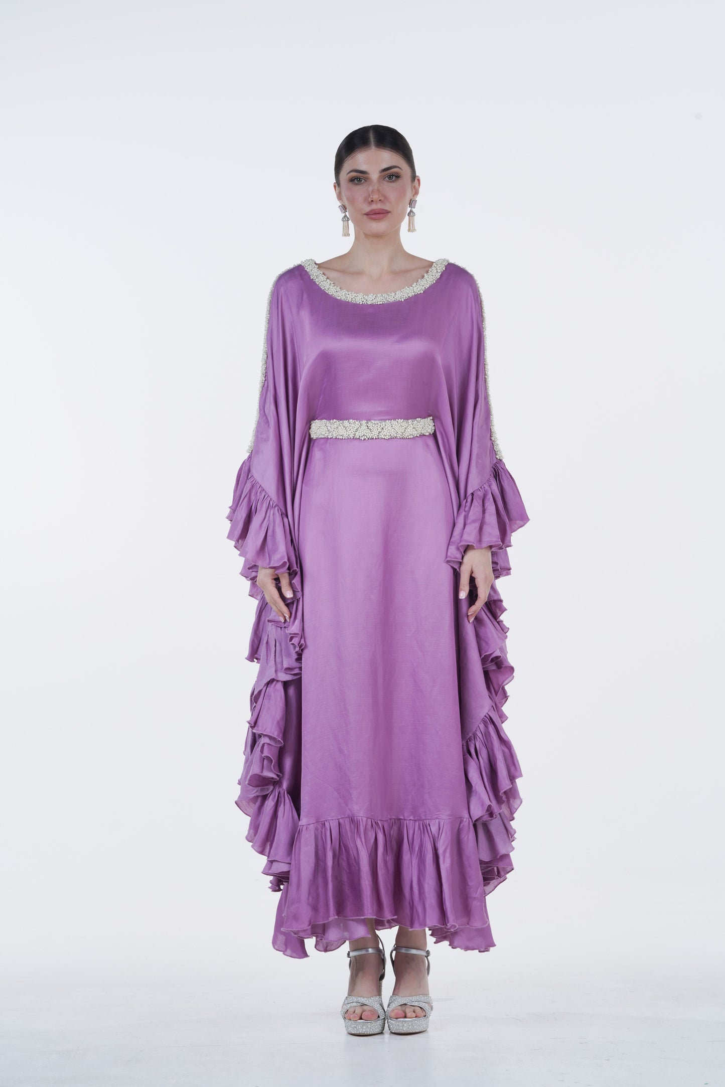 Ruffled Silk Organza Summer Jalabiya with Pearl Accents