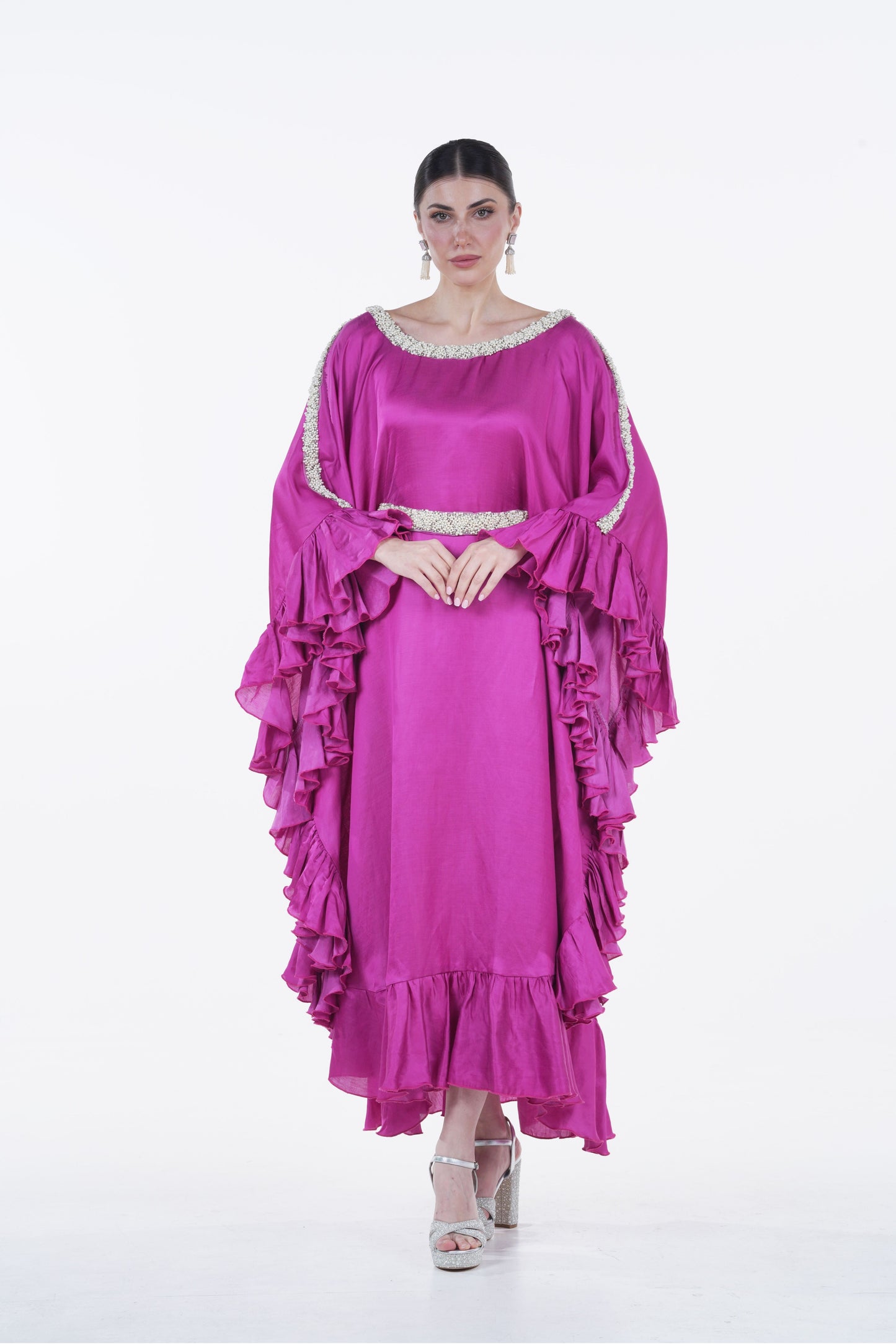 Ruffled Silk Organza Summer Jalabiya with Pearl Accents