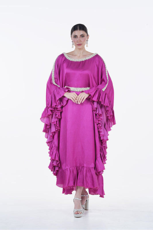 Ruffled Silk Organza Summer Jalabiya with Pearl Accents