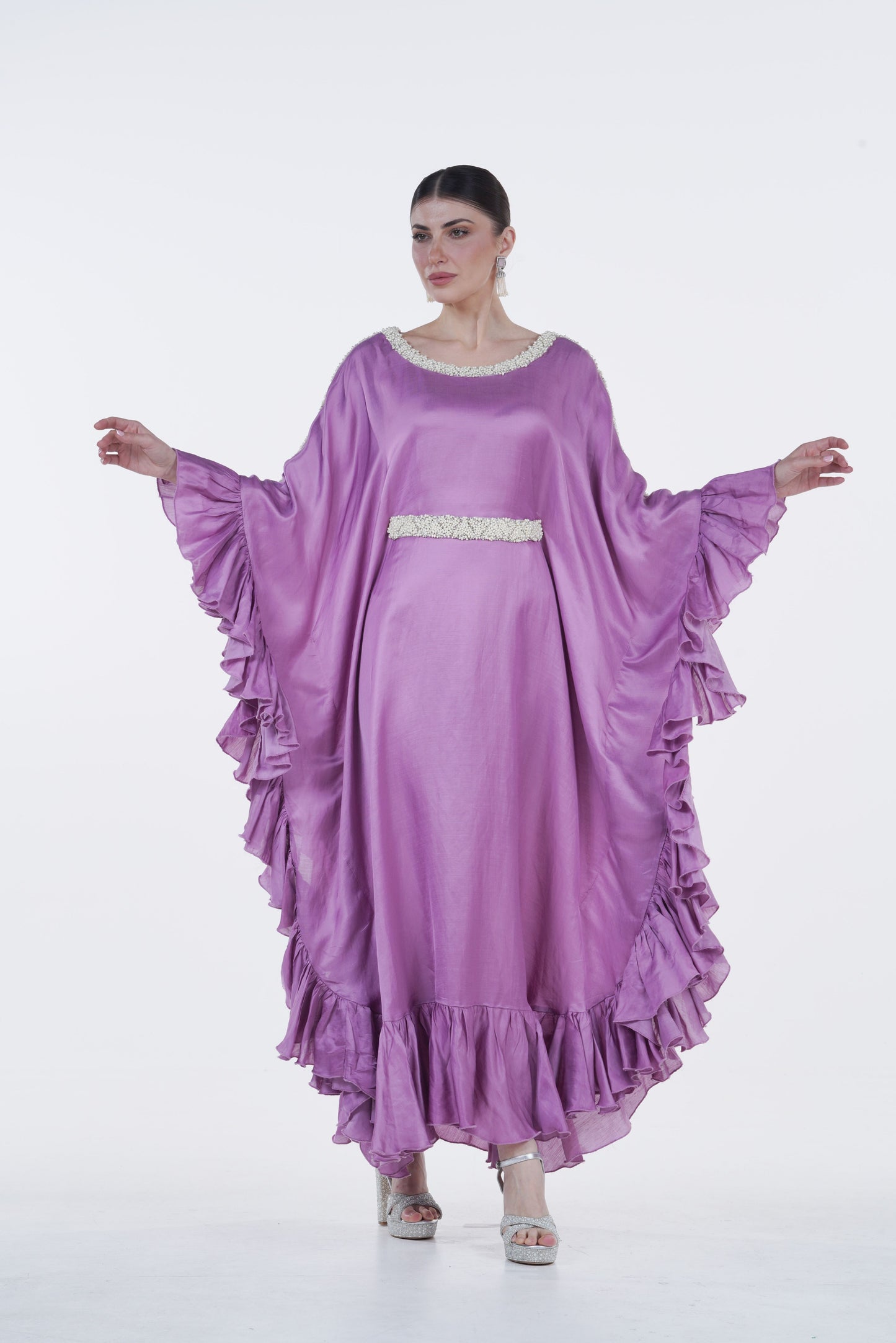 Ruffled Silk Organza Summer Jalabiya with Pearl Accents