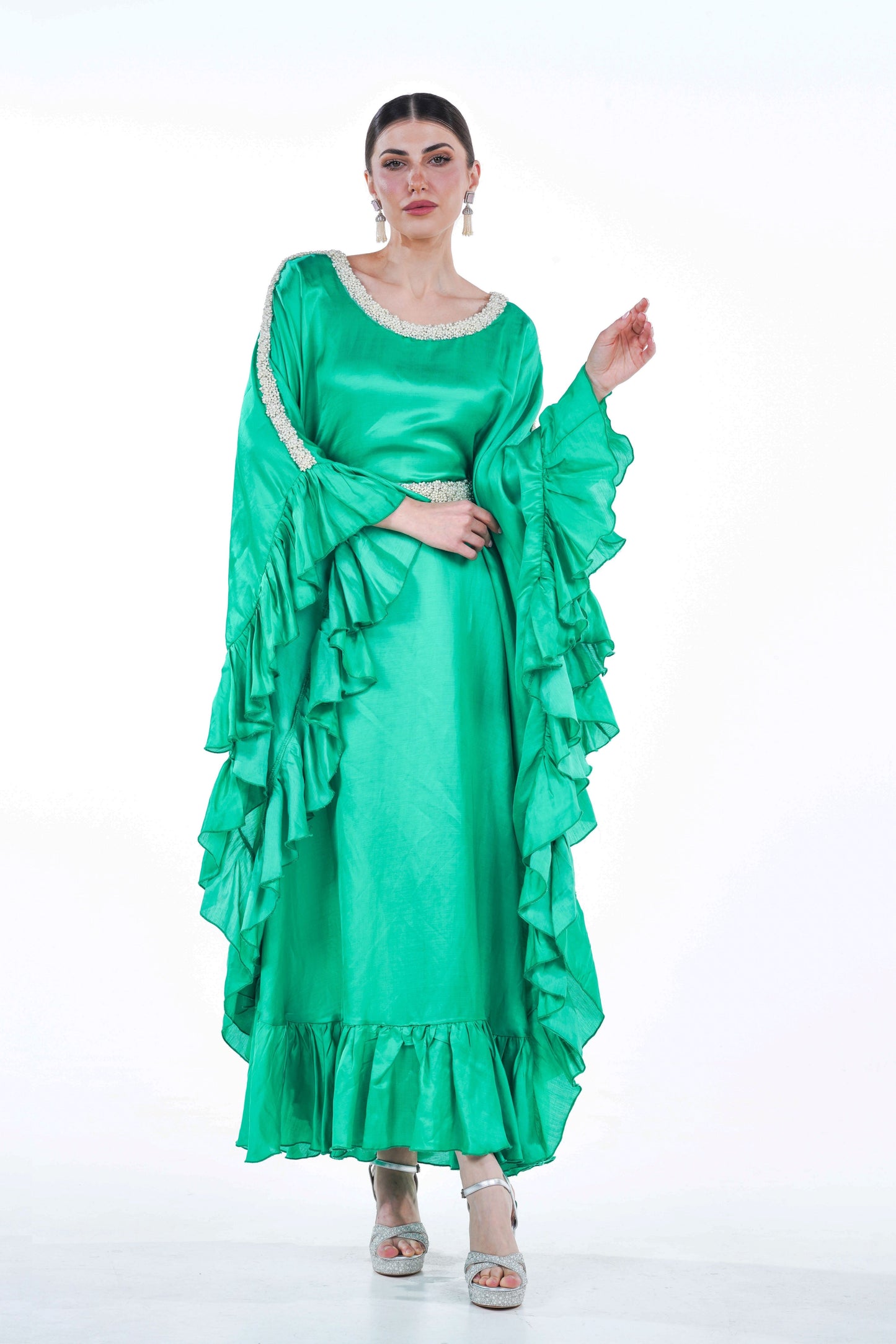 Ruffled Silk Organza Summer Jalabiya with Pearl Accents