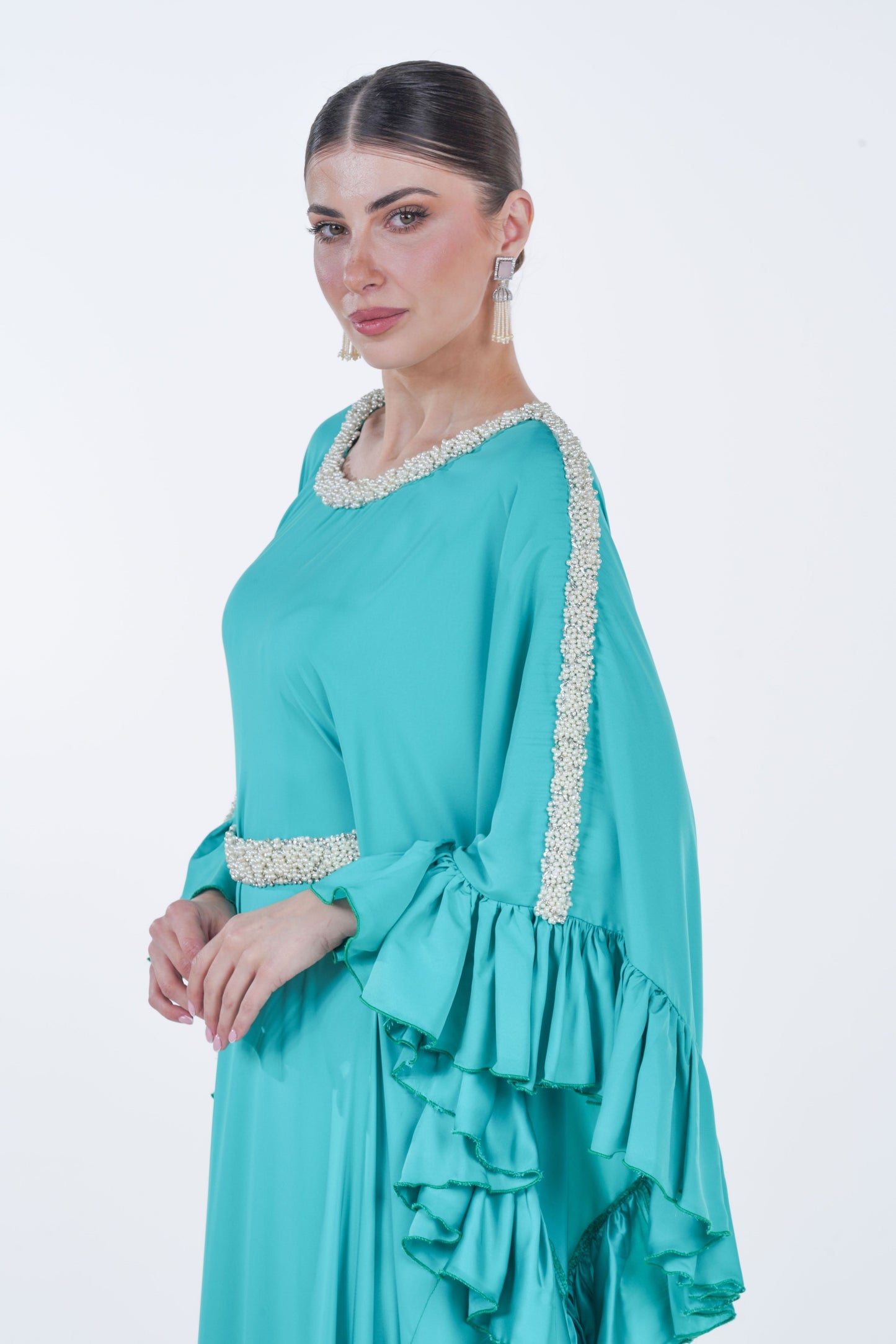 Ruffled Silk Organza Summer Jalabiya with Pearl Accents