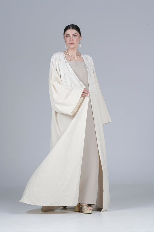Beige Crepe Abaya with Silver Wheat Embroidery