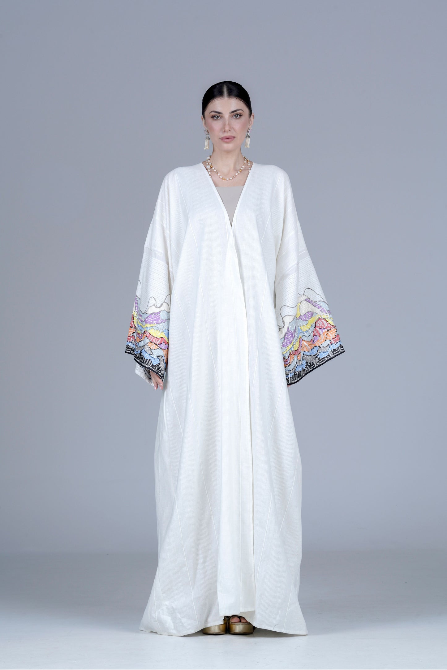 Off-White Crepe Abaya with Colorful Embroidered Sleeves