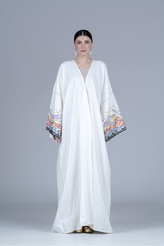Off-White Crepe Abaya with Colorful Embroidered Sleeves