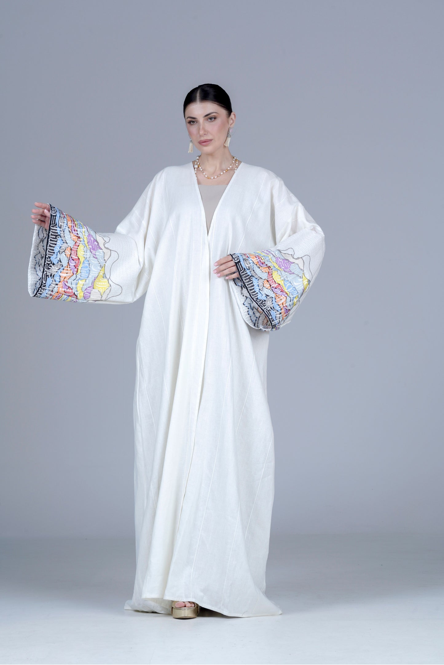 Off-White Crepe Abaya with Colorful Embroidered Sleeves